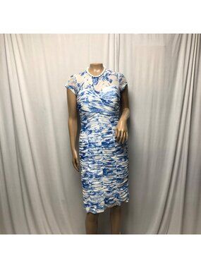 Vicky Tiel Ruched Floral Dress Womens Size Medium Blue White Sweetheart Cocktail